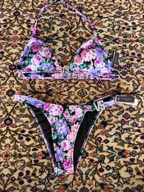 Victoria's Secret Black Floral Bikini Set with Pink & Purple NWT top M bottom S